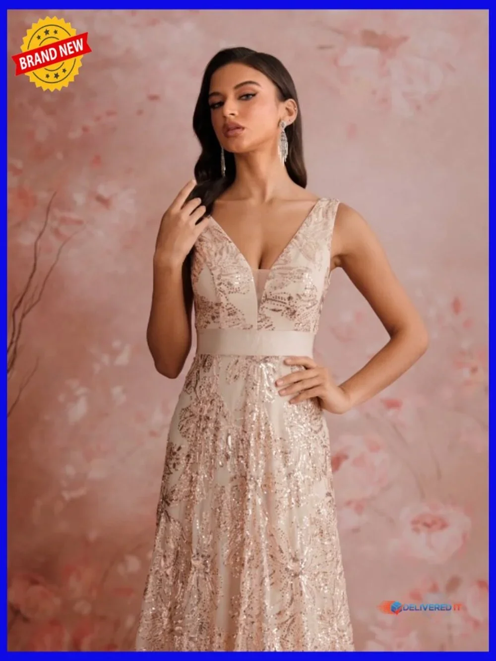 Sequin Embroidered V-Neck Maxi Formal Dress with Backless A-Line Silhouette - Picture 7 of 7